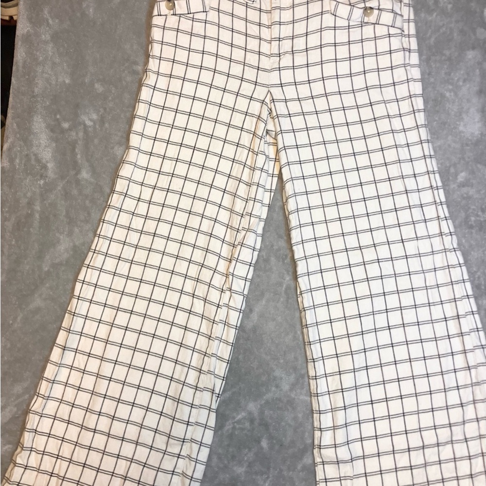 By Anthropologie Womens 4 Pants Windowpane Trousers Wide Leg Linen Blend Ivory